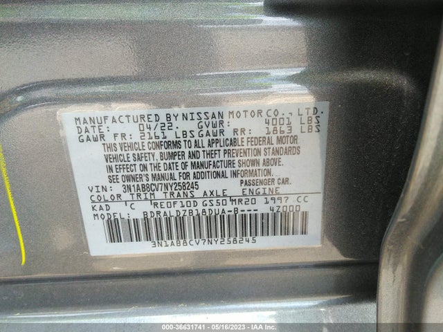 2022 NISSAN SENTRA SV VIN: 3N1AB8CV7NY258245
