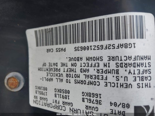 2005 SATURN ION ION 1 VIN: 1G8AF52F65Z100635