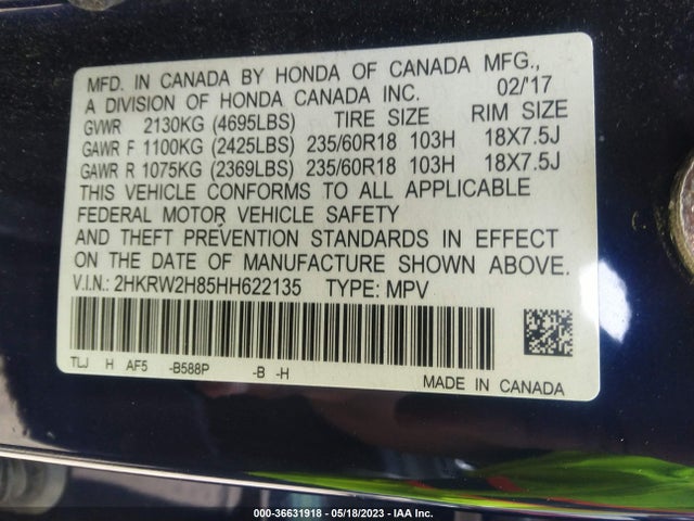 Honda Cr-v Ex-l 2017 2HKRW2H85HH622135 Image 9