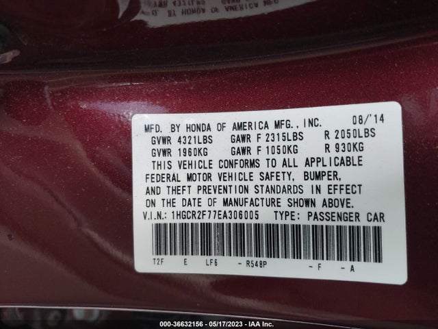 Honda Accord Sedan Ex 2014 1HGCR2F77EA306005 Image 9