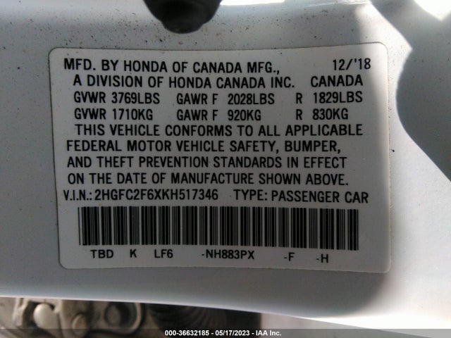 Honda Civic Sedan Lx 2019 2HGFC2F6XKH517346 Image 10
