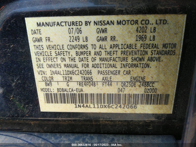 2006 NISSAN ALTIMA 2.5 S VIN: 1N4AL11DX6C242066