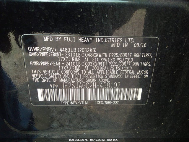 2017 SUBARU FORESTER PREMIUM VIN: JF2SJAGC2HH458102