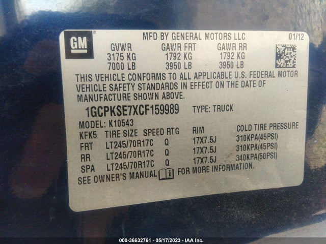 2012 CHEVROLET SILVERADO 1500 LT VIN: 1GCPKSE7XCF159989