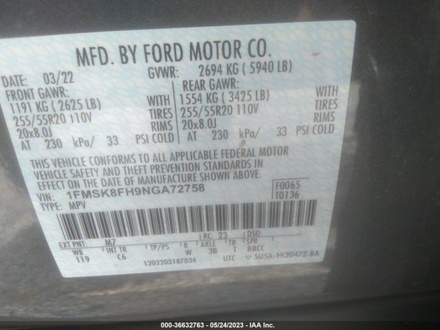 2022 FORD EXPLORER LIMITED VIN: 1FMSK8FH9NGA72758