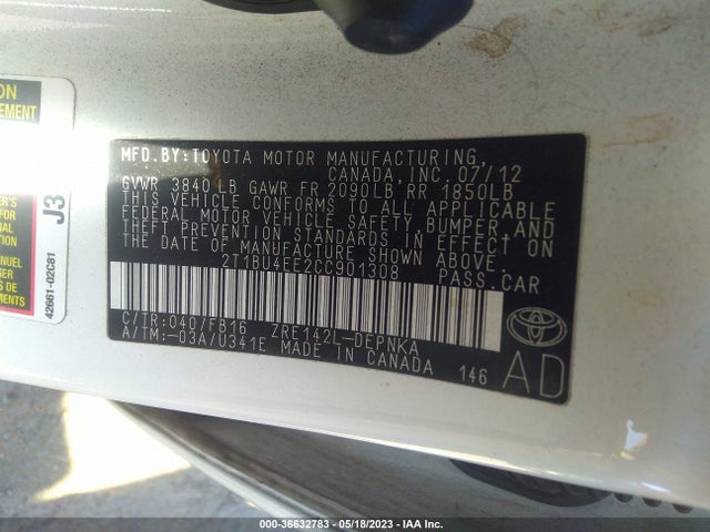 2012 TOYOTA COROLLA L/LE/S VIN: 2T1BU4EE2CC901308