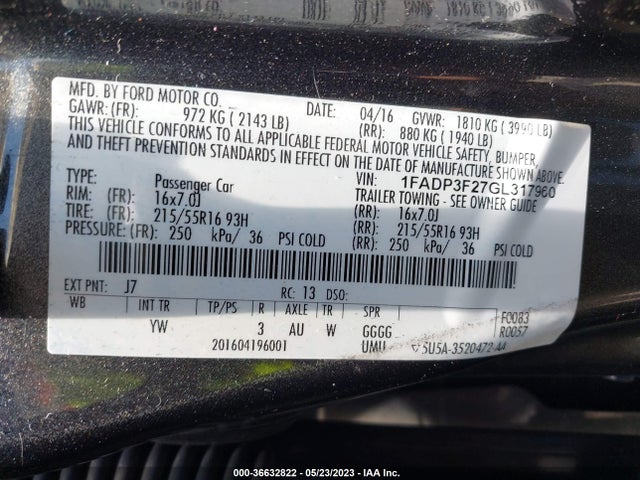 2016 FORD FOCUS SE VIN: 1FADP3F27GL317960