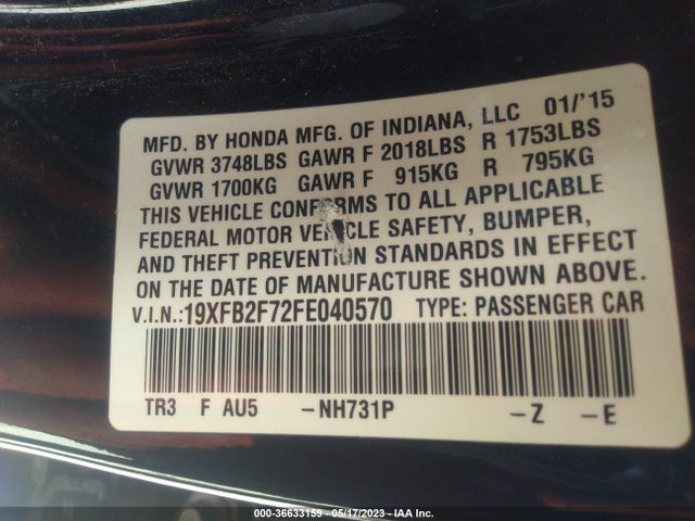 Honda Civic Sedan Se 2015 19XFB2F72FE040570 Image 9