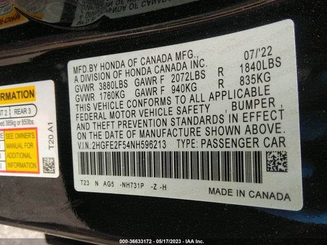 2022 HONDA CIVIC SEDAN SPORT VIN: 2HGFE2F54NH596213