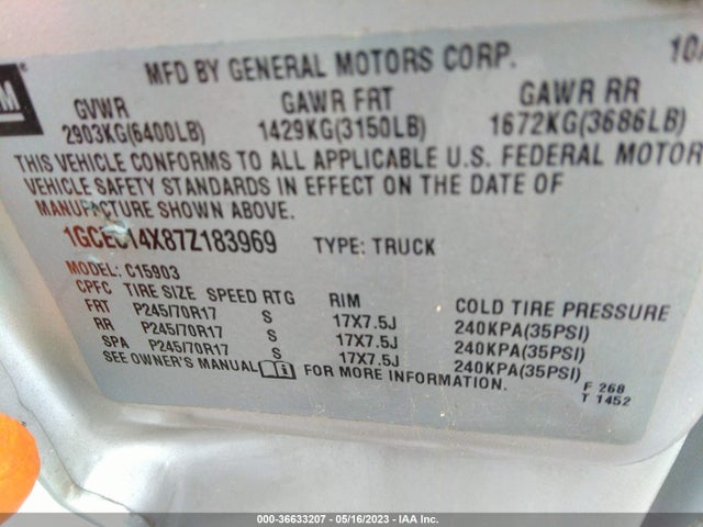 2007 CHEVROLET SILVERADO 1500 WORK TRUCK VIN: 1GCEC14X87Z183969
