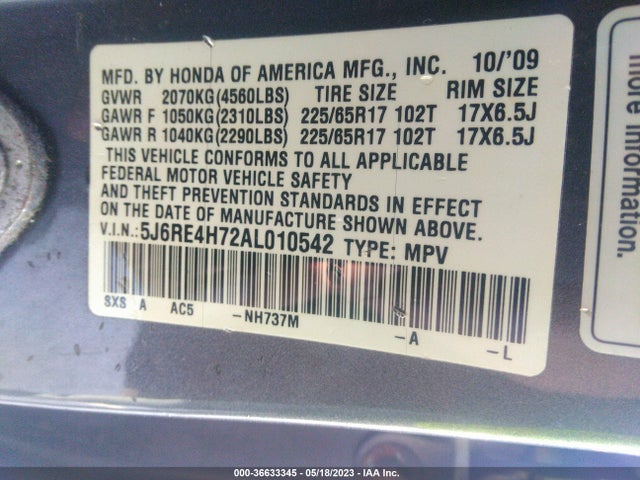 2010 HONDA CR-V EX-L VIN: 5J6RE4H72AL010542