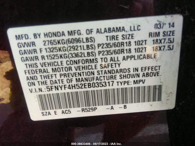 Honda Pilot Ex-l 2014 5FNYF4H52EB035317 Image 9