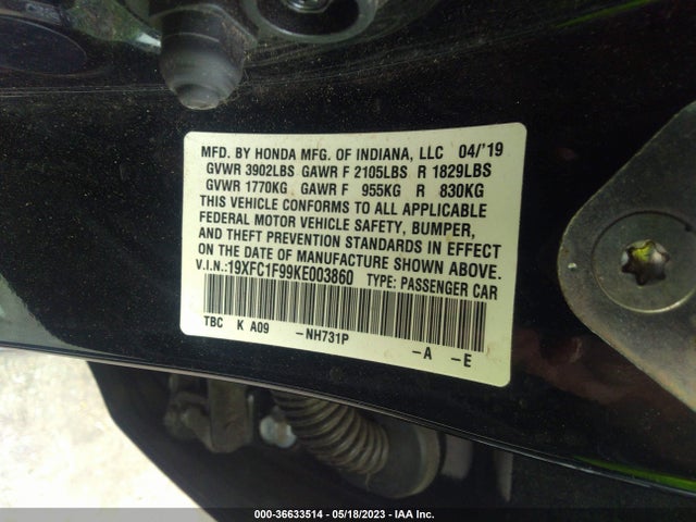 Honda CIVIC SEDAN 2019 19XFC1F99KE003860 Image 9