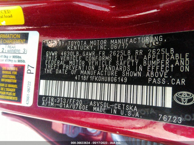 2017 TOYOTA CAMRY 4T1BF1FK0HU806149 Photo 8