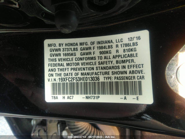 Honda Civic Sedan Lx 2017 19XFC2F53HE013036 Image 9