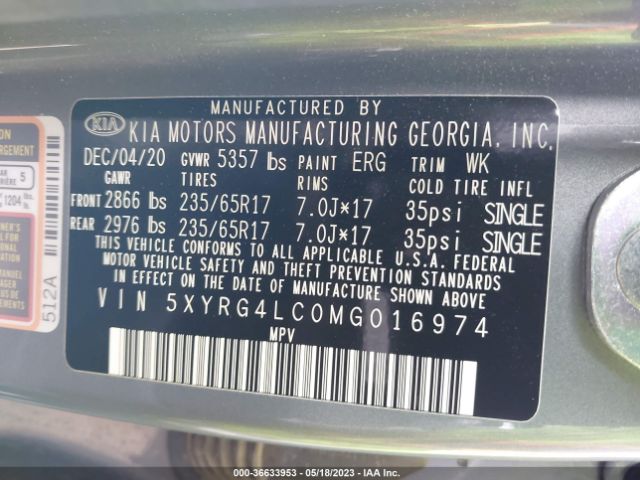 5XYRG4LC0MG016974 KIA SORENTO LX