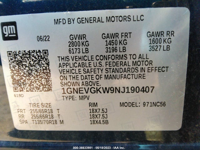 Chevrolet Traverse Lt Cloth 2022 1GNEVGKW9NJ190407 Image 9