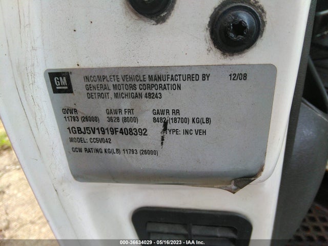 36634029 :رقم المزاد ، 1GBJ5V1919F408392 vin ، 2009 Chevrolet Cc5500 مزاد بيع
