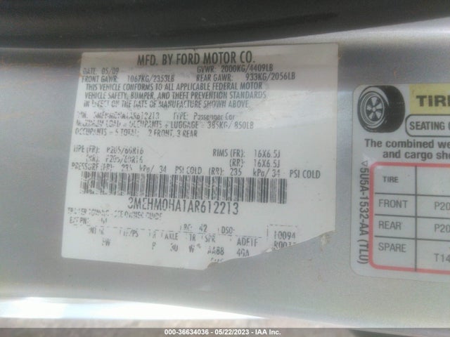 2010 MERCURY MILAN VIN: 3MEHM0HA1AR612213