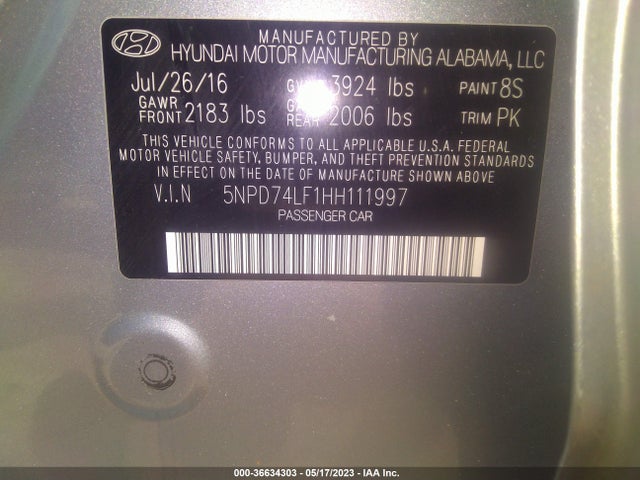 2017 HYUNDAI ELANTRA SE VIN: 5NPD74LF1HH111997