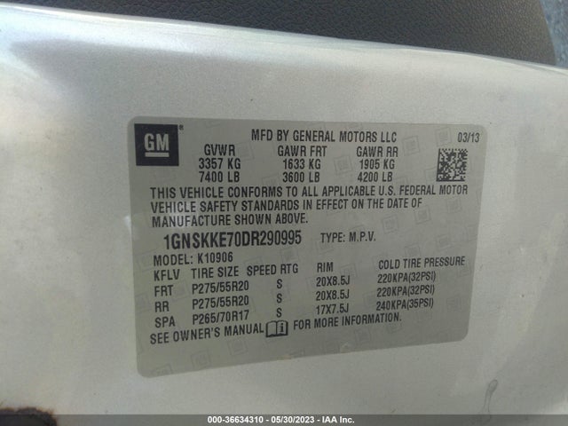 2013 Chevrolet Suburban Ltz მანქანა იყიდება აუქციონზე, vin: 1GNSKKE70DR290995, აუქციონის ნომერი: 36634310