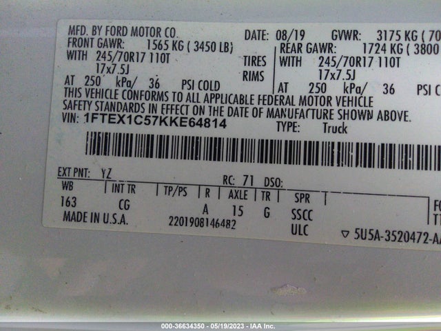 2019 FORD F-150 XL/XLT/LARIAT VIN: 1FTEX1C57KKE64814