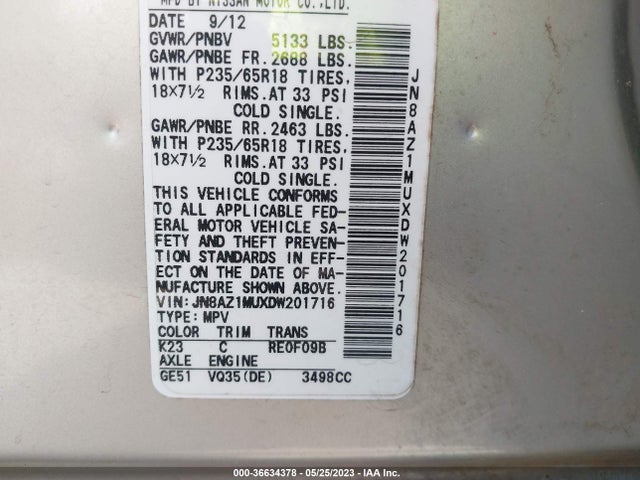 2013 NISSAN MURANO SV VIN: JN8AZ1MUXDW201716