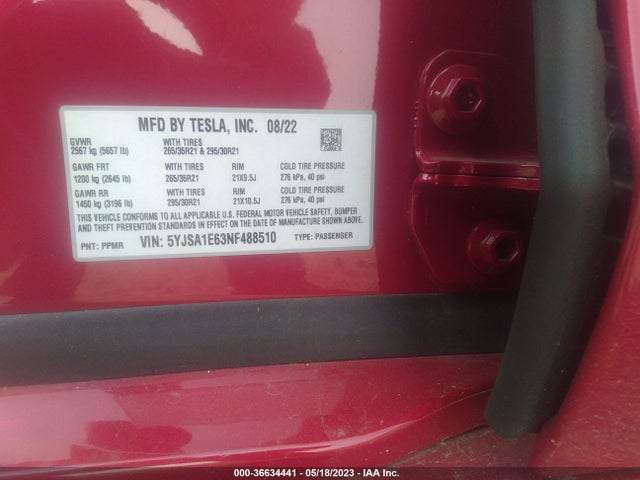 Tesla Model S Plaid 2022 5YJSA1E63NF488510 Image 10