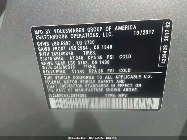 2018 VOLKSWAGEN ATLAS 3.6L V6 SE VIN: 1V2LR2CA8JC536390