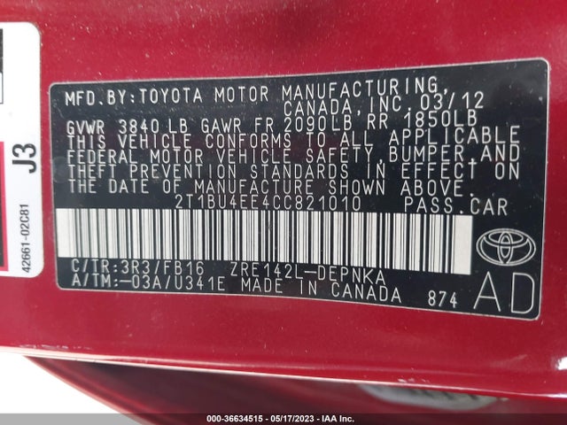 2012 TOYOTA COROLLA L/LE/S VIN: 2T1BU4EE4CC821010