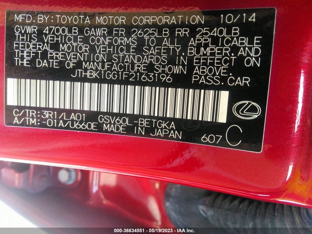 JTHBK1GG1F2163196 Lexus ES 350