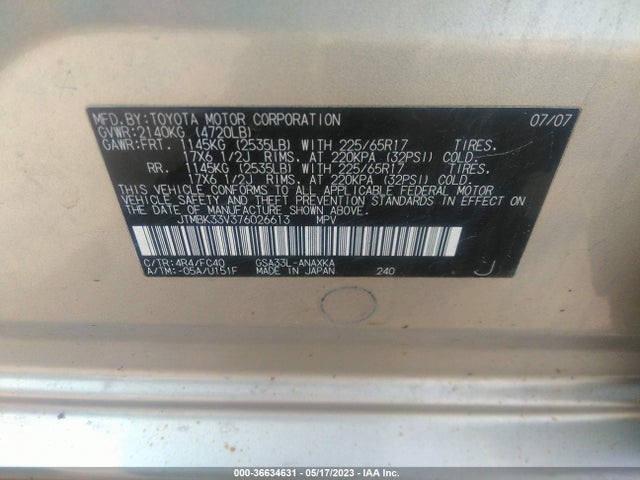 2007 TOYOTA RAV4 VIN: JTMBK33V376026613