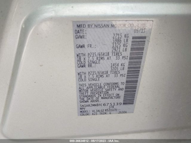 5N1AR2MN8FC675139 Nissan Pathfinder Sl