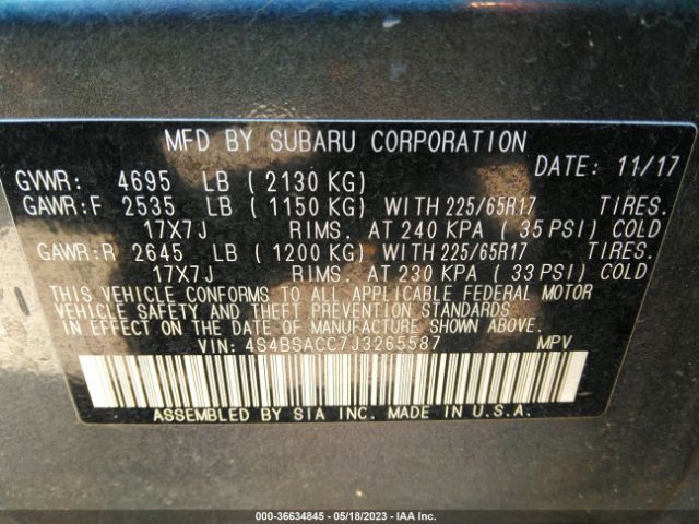4S4BSACC7J3265587 Subaru Outback Premium
