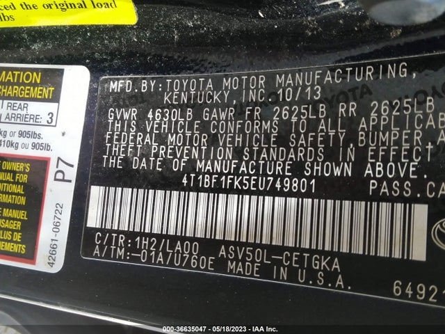 2014 TOYOTA CAMRY L/LE/XLE/SE/SE SPORT VIN: 4T1BF1FK5EU749801