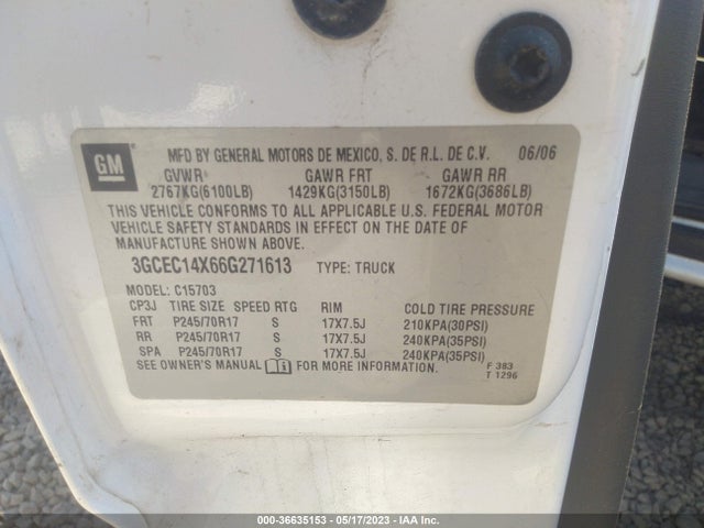 2006 CHEVROLET SILVERADO 1500 WORK TRUCK VIN: 3GCEC14X66G271613
