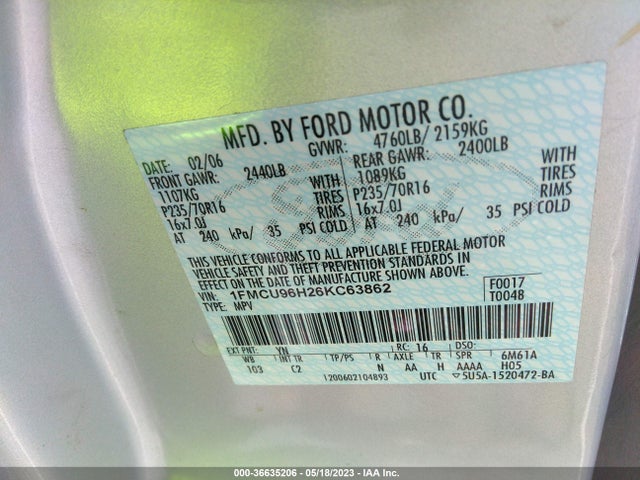 2006 FORD ESCAPE HYBRID VIN: 1FMCU96H26KC63862