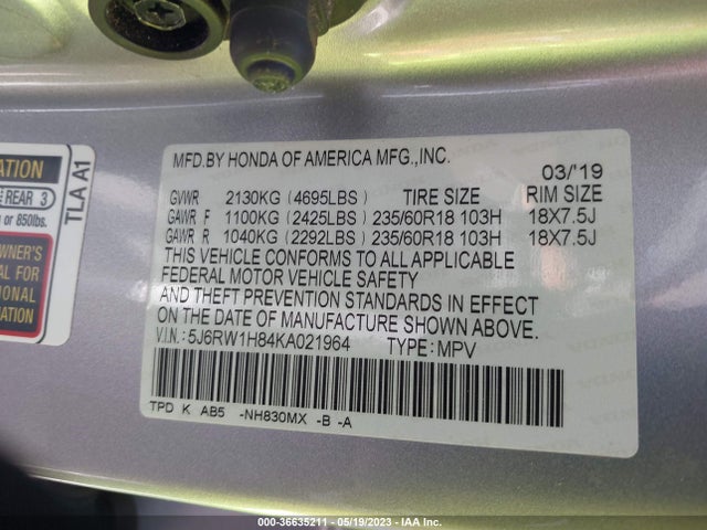 Honda Cr-v Ex-l 2019 5J6RW1H84KA021964 Image 8