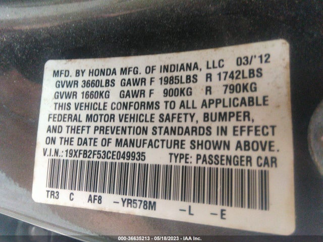 2012 HONDA CIVIC SDN LX VIN: 19XFB2F53CE049935