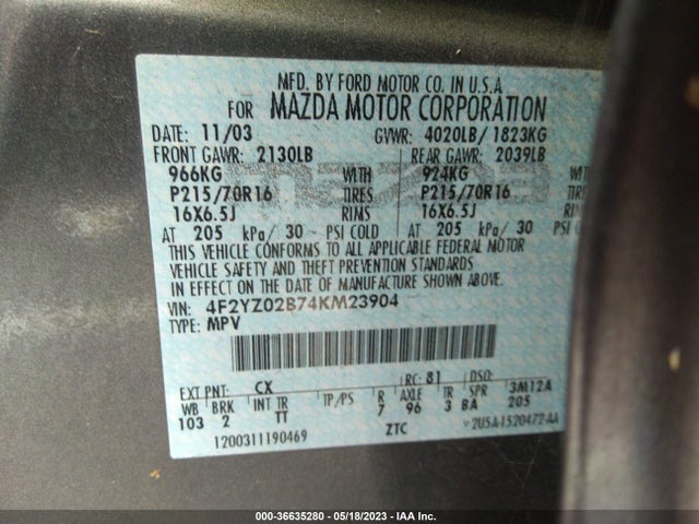 2004 MAZDA TRIBUTE DX VIN: 4F2YZ02B74KM23904