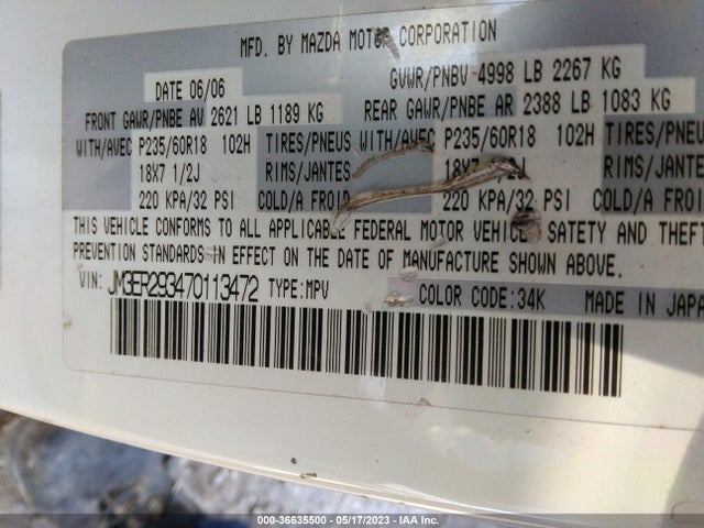 2007 MAZDA CX-7 GRAND TOURING VIN: JM3ER293470113472
