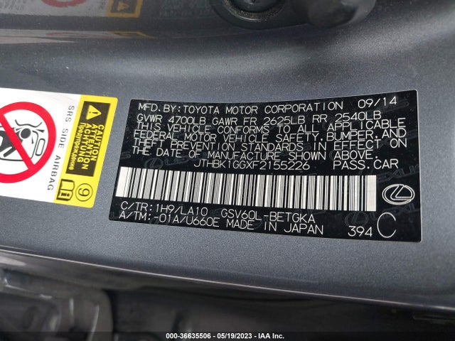 2015 LEXUS ES 350 VIN: JTHBK1GGXF2155226
