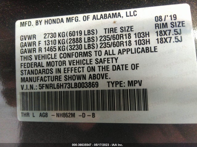 Honda Odyssey Ex-l 2020 5FNRL6H73LB003869 Image 9