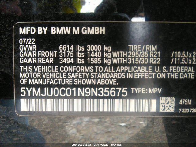 2022 BMW X5, VIN: 5YMJU0C01N9N35675