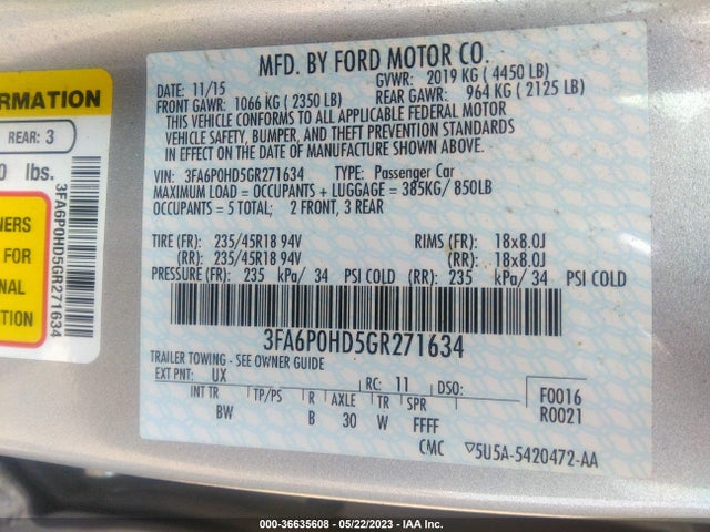 2016 FORD FUSION SE VIN: 3FA6P0HD5GR271634