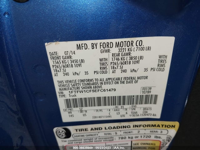 2014 FORD F-150 XL/STX/XLT/FX2/LARIAT VIN: 1FTFW1CF5EFC61479
