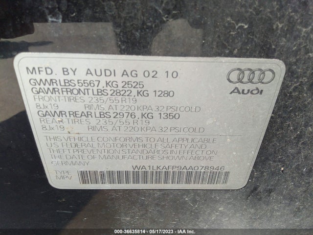 2010 AUDI Q5 PREMIUM PLUS VIN: WA1LKAFP9AA078946