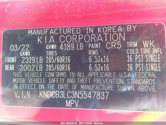 2022 KIA NIRO LXS VIN: KNDCB3LC3N5547837