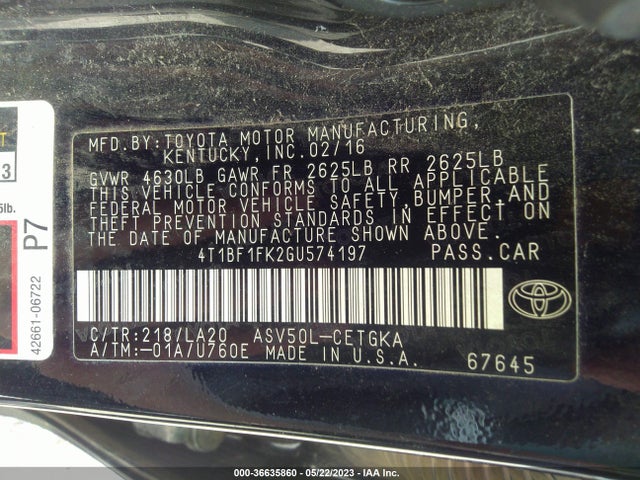 Toyota CAMRY XLE 2016 4T1BF1FK2GU574197 Image 9