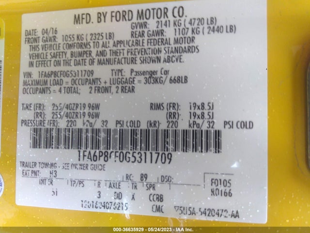 Ford MUSTANG GT 2016 1FA6P8CF0G5311709 Image 10